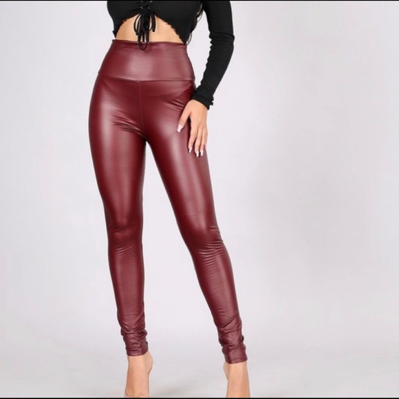 Faux Leather High Waist Rise Leggings Pants Lined New - Picture 2 of 2
